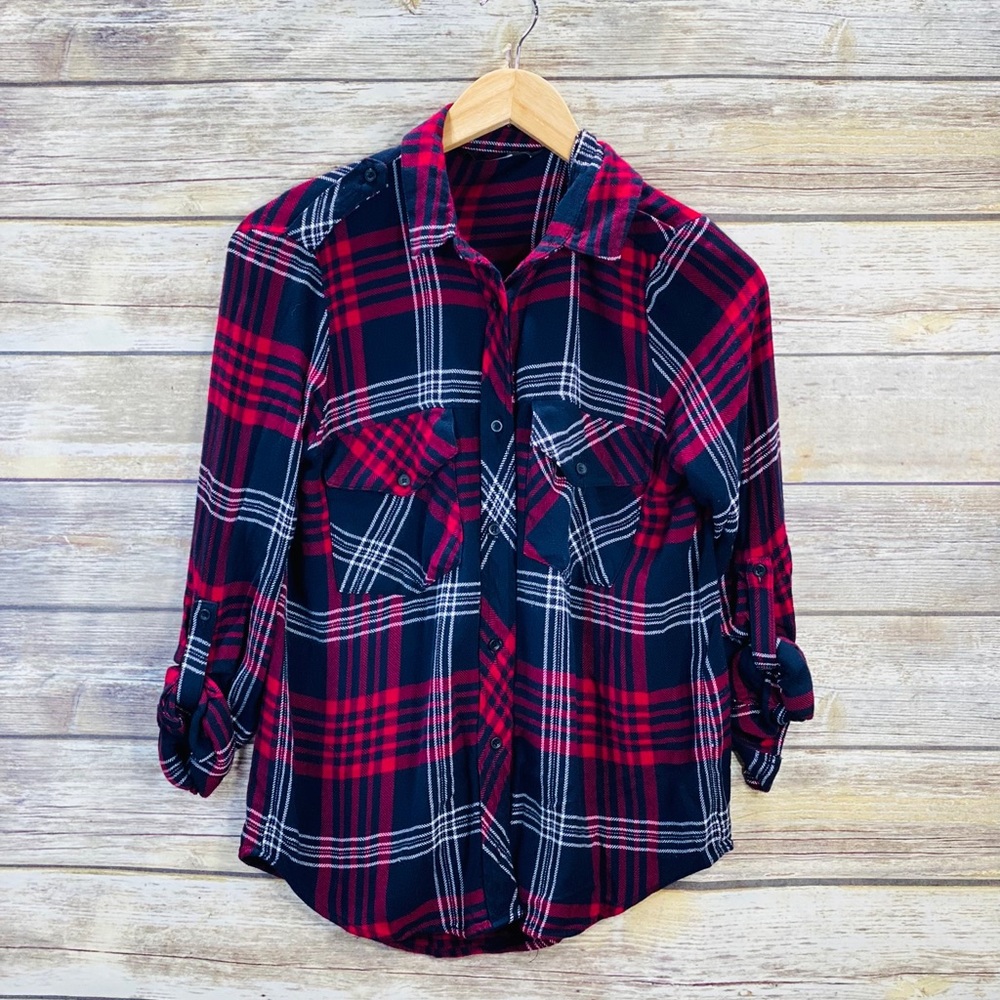 Zara Basic Plaid‎ Adjustable Sleeve Blouse Size Medium